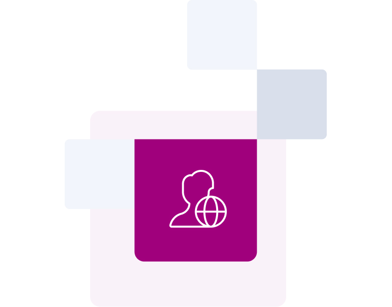 Person with globe icon on pink background