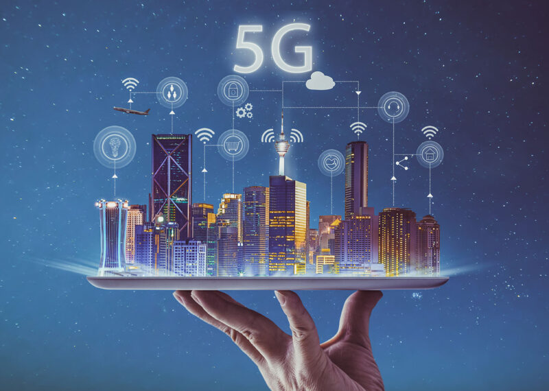 5G and network icons floating over city scape