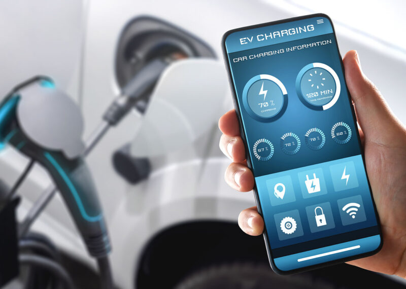EV charging station for electric car with mobile app display charger status .