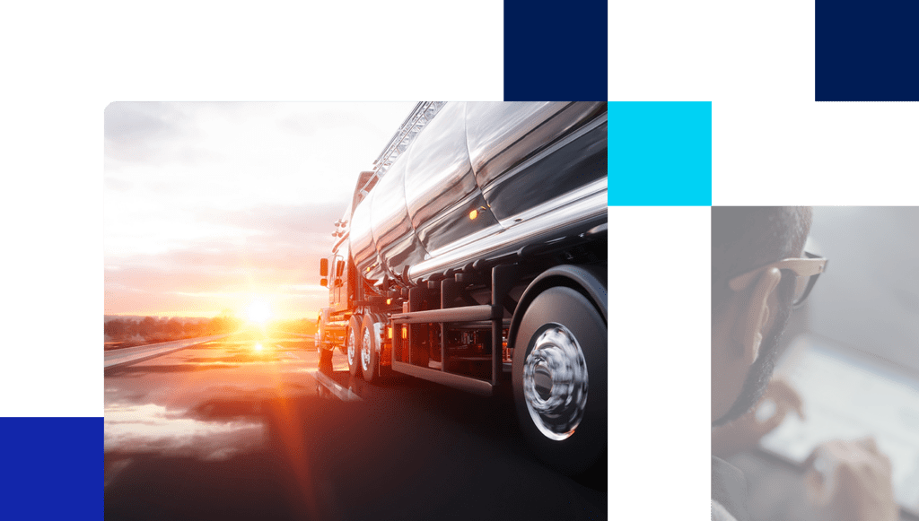 Images of fuel transport truck driving down road and logistics manager using tablet.
